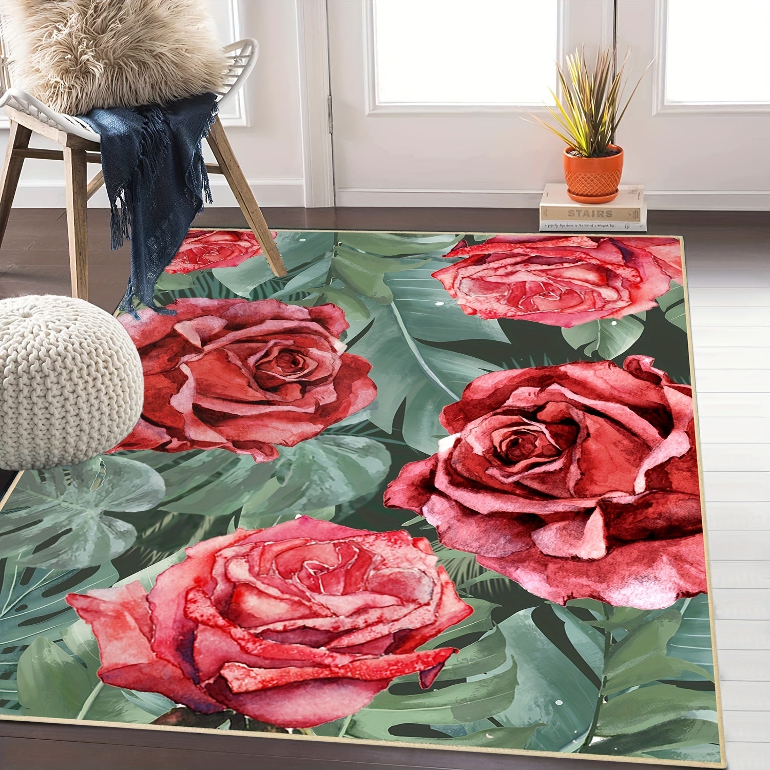 Red Rose Area Rug Faux Wool Floral Rugs Non Slip Washable Entryway Rug Carpet