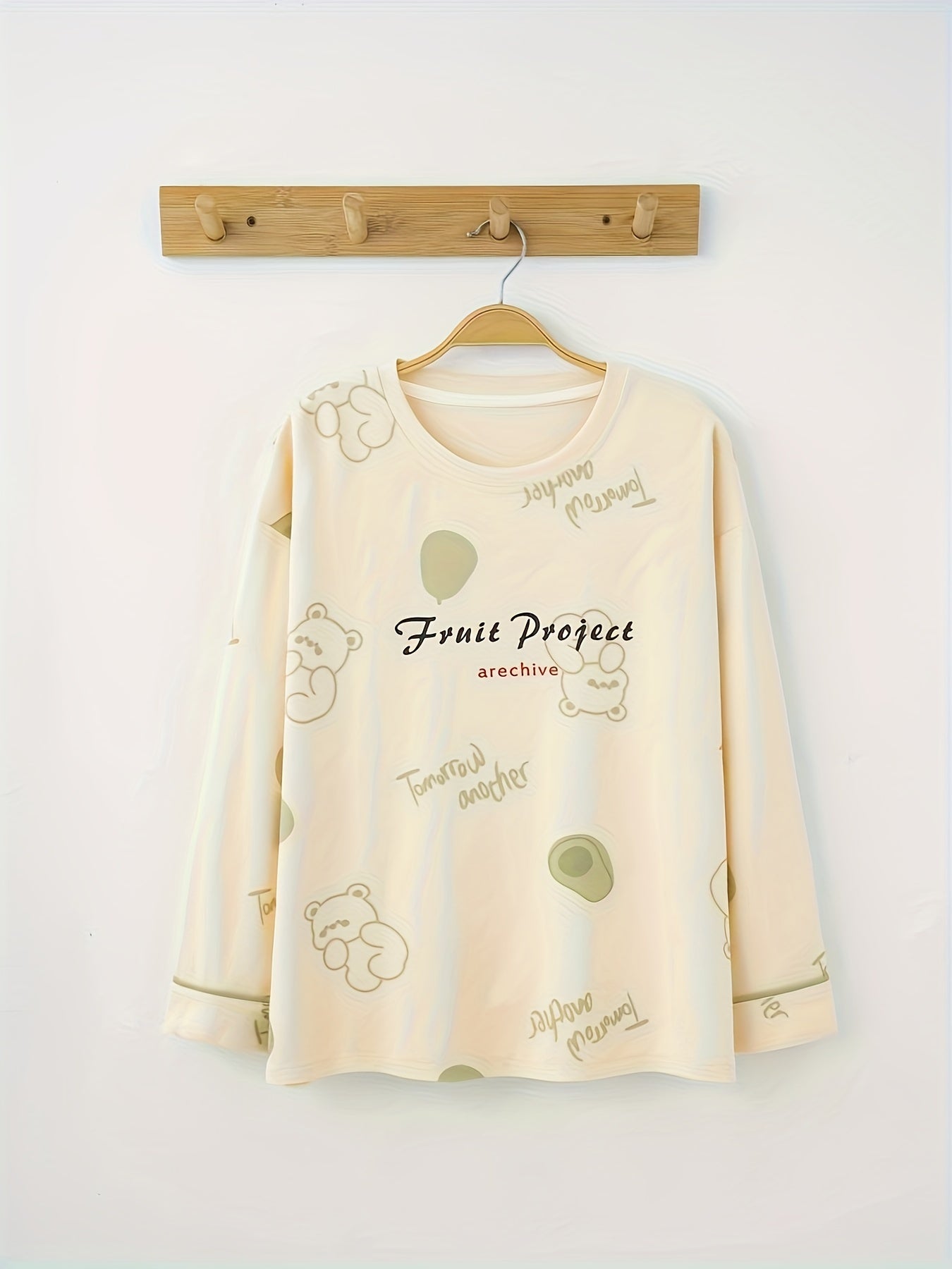 Bear Print Lounge Set Long Sleeve Top & Pants Women's Pajamas