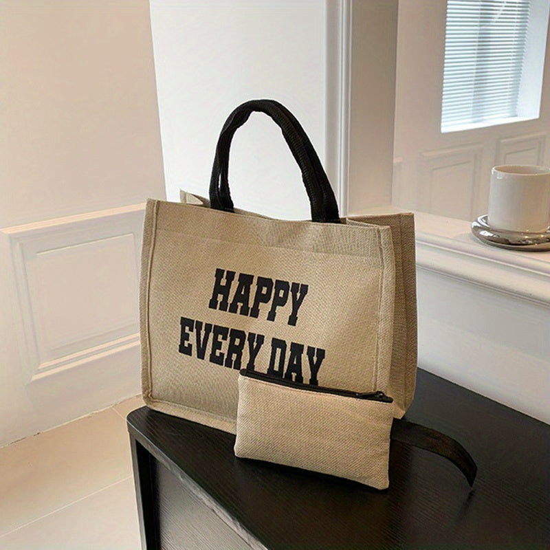 Letter Print Canvas Handbag With Coin Bag Portable Double Handle Tote Bag