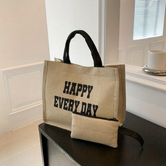Letter Print Canvas Handbag With Coin Bag Portable Double Handle Tote Bag