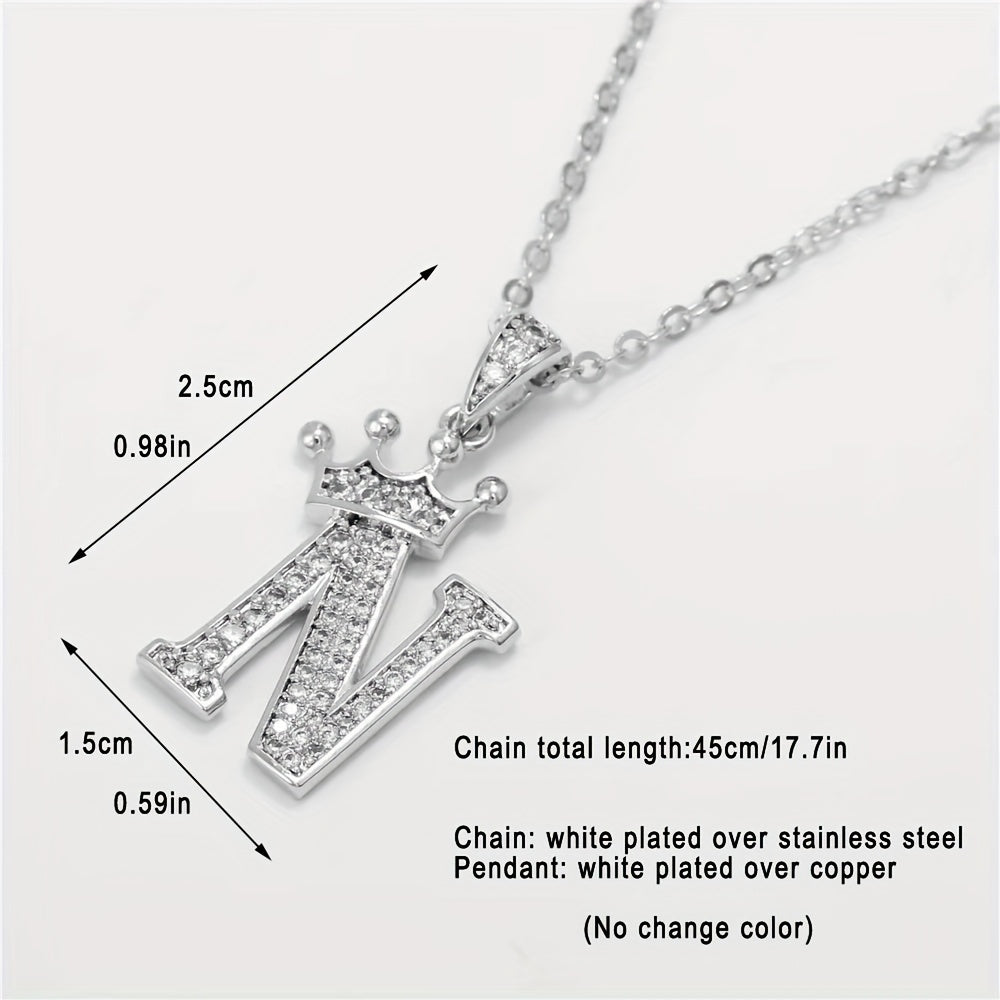 Zircon Crown Letter Necklace Pendant in Golden Plated Copper Chain