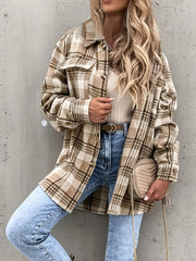 Preppy Button Plaid Drop Shoulder Jacket Casual Long Sleeve