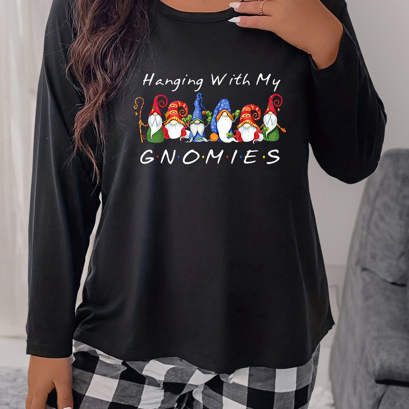 Women's Plus Gnomes & Slogan Print Long Sleeve Round Neck Sleepwear Tee