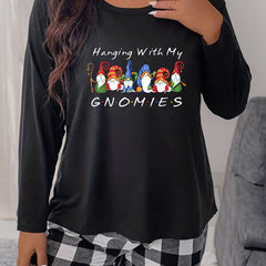 Women's Plus Gnomes & Slogan Print Long Sleeve Round Neck Sleepwear Tee