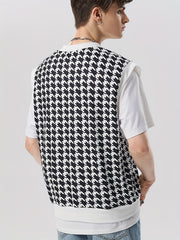Houndstooth Pattern Vest Men's Casual Vintage Style V Neck Waistcoat