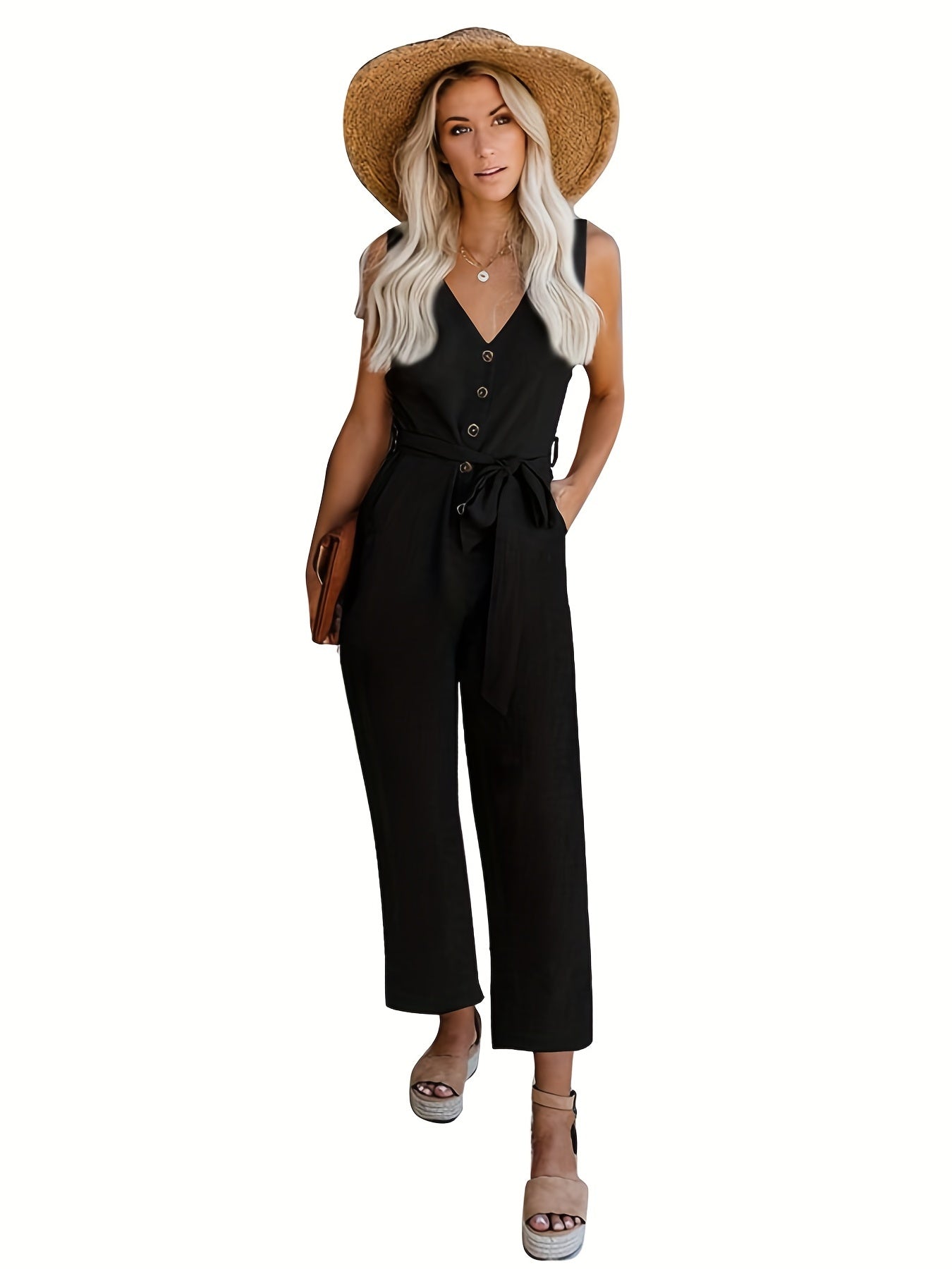 Sleeveless V Neck Jumpsuit Casual Slim Waist for Women