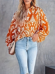 Ikat Print Button Up Lantern Sleeve Blouse