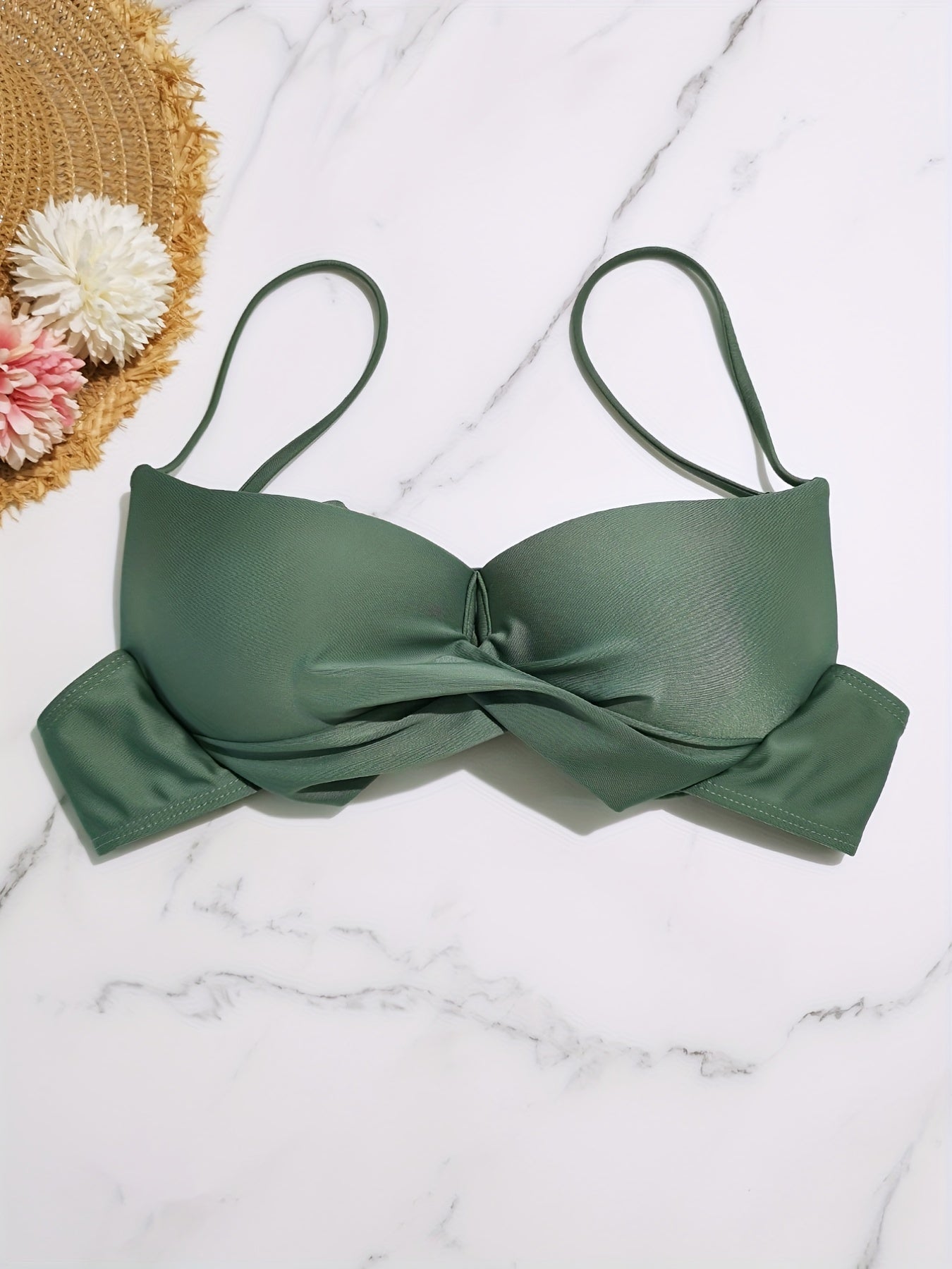 Green Twist Tie Back Bikini Top V Neck High Strech Spaghetti Straps Beachwear