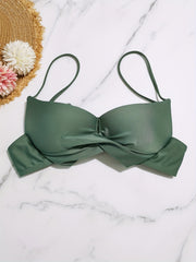 Green Twist Tie Back Bikini Top V Neck High Strech Spaghetti Straps Beachwear