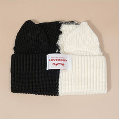 Pig Ears Label Beanie Splicing Warm Knitted Hat