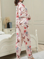 Women's Satin Floral Print Pajama Set Long Sleeve Button Up Tops & Pants