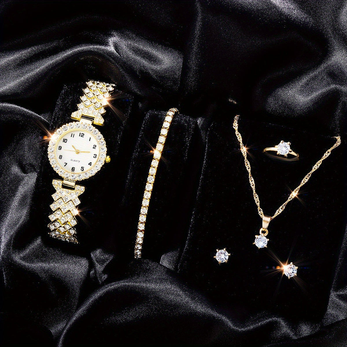 Kids Rhinestone Quartz Analog Watch & Jewelry Set