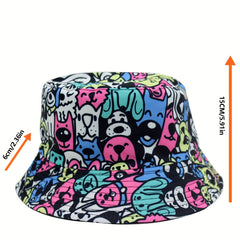 Cartoon Graffiti Print Bucket Hat Kitten Dog Pattern Sunshade Hat