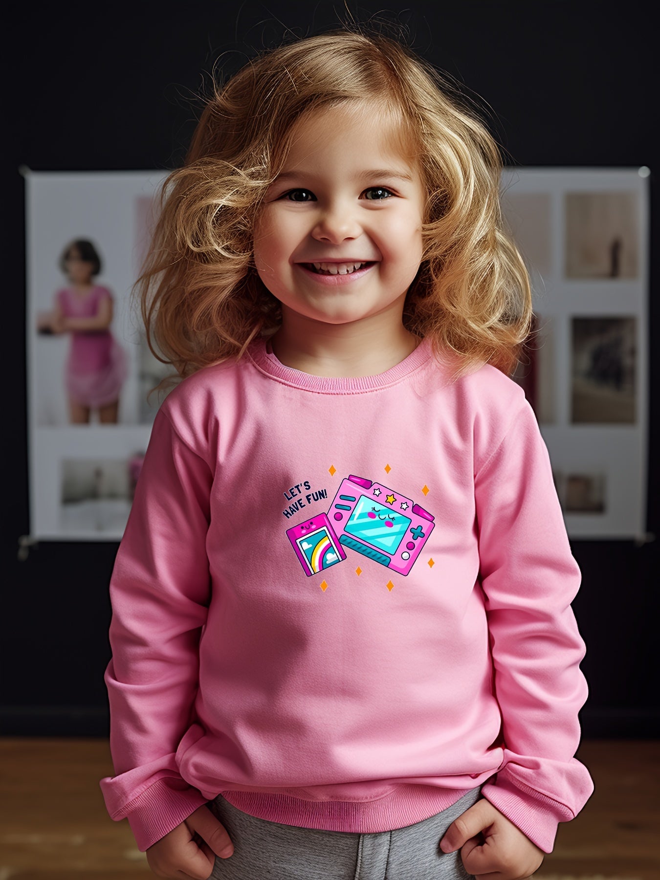 Cartoon Camera Print Girls Casual Pullover Sweatshirt