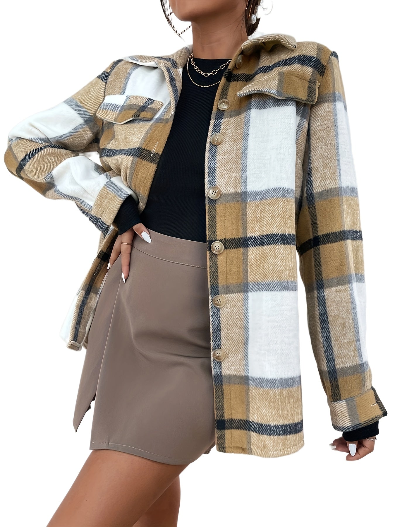 Plaid Button Front Jacket for Fall & Winter