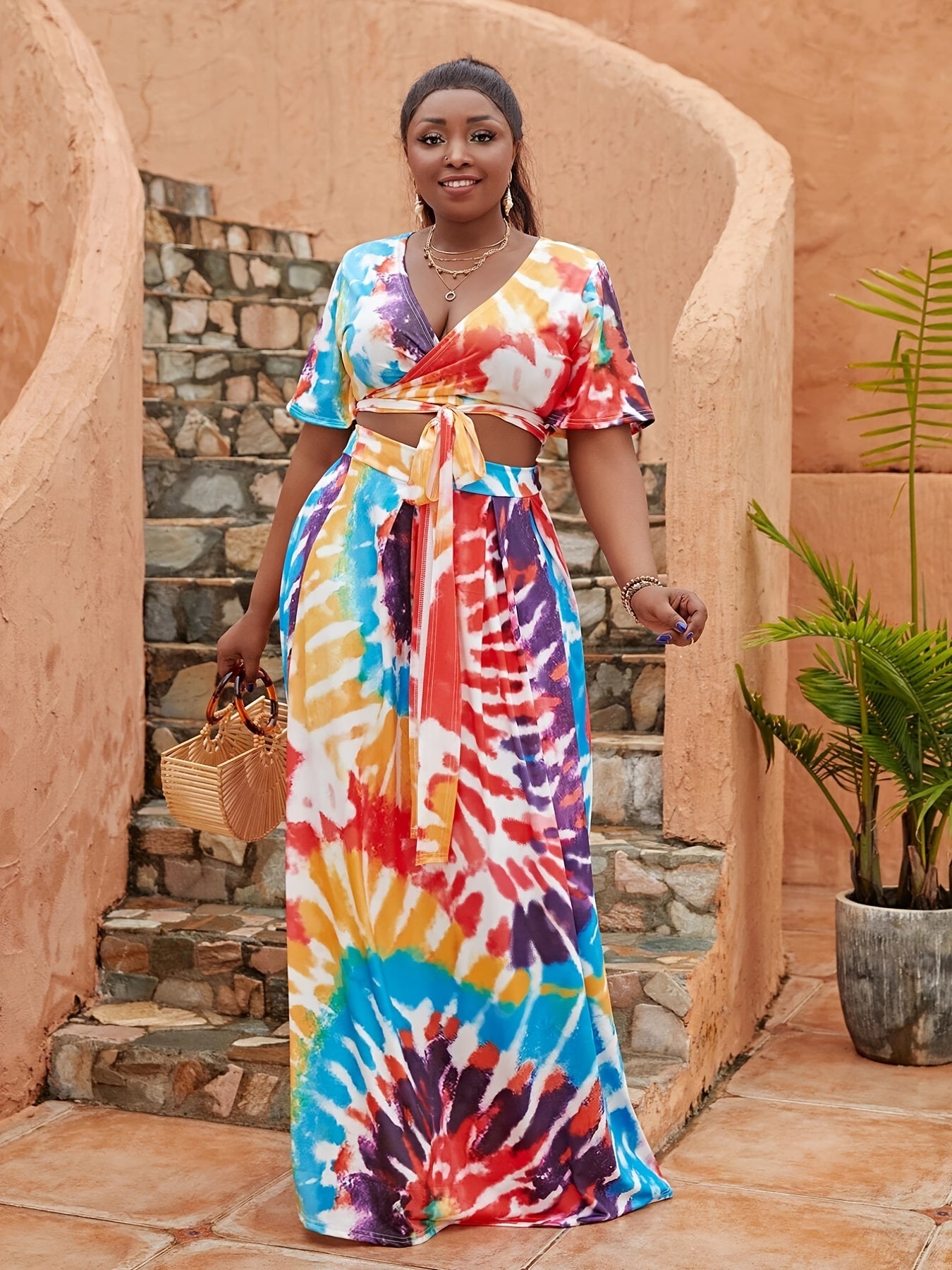 Tie Dye Print Short Sleeve Crop Top & Maxi Skirt Set Plus Size