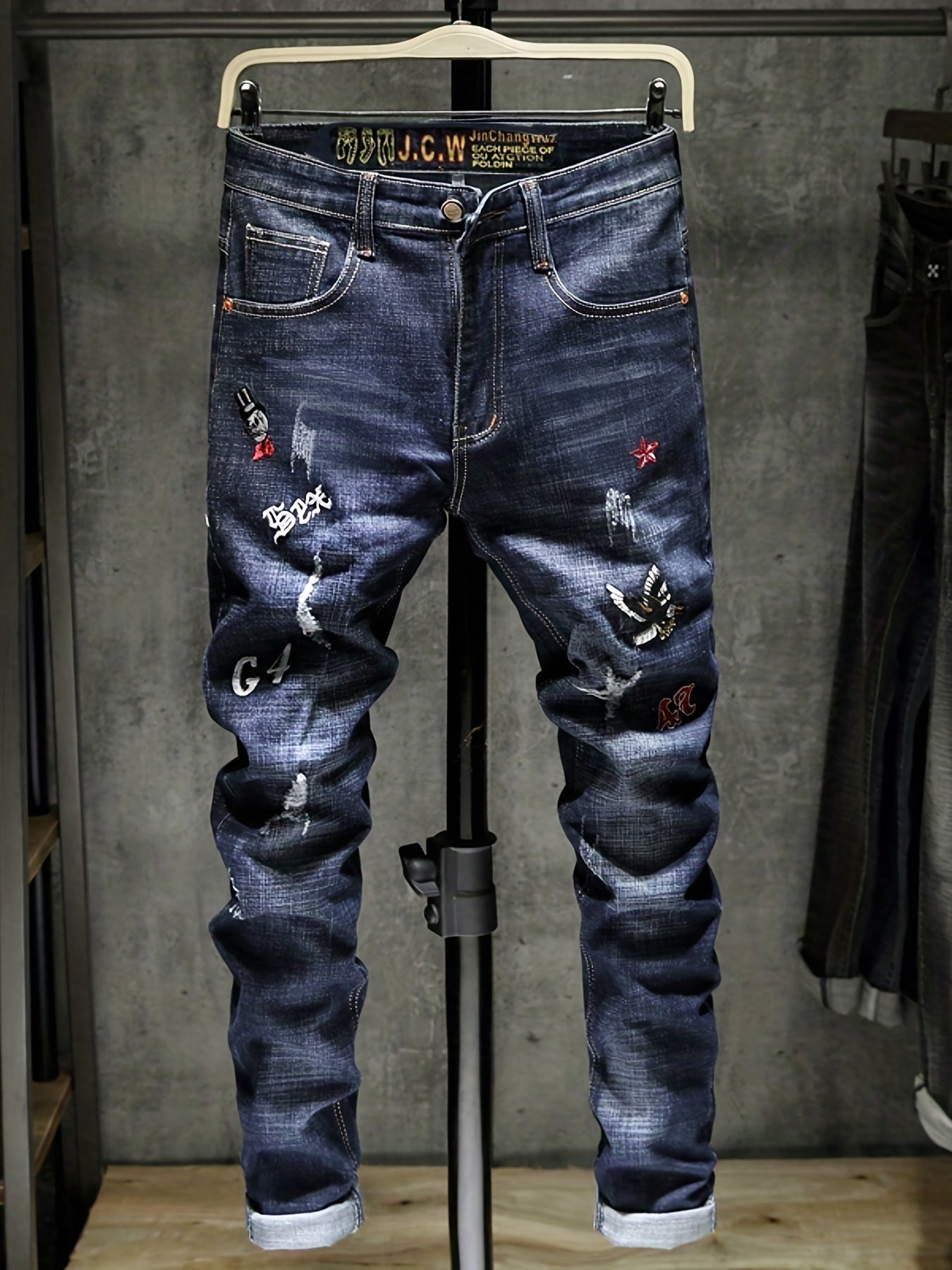 Men's Embroidered Denim Jeans Slim Straight Royal Pants