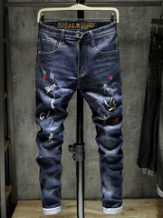 Men's Embroidered Denim Jeans Slim Straight Royal Pants