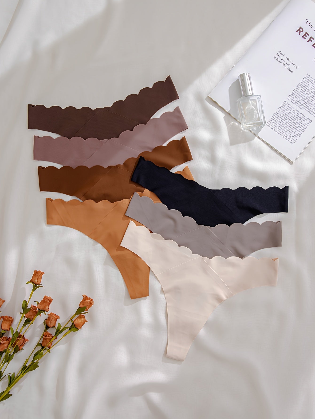 7pcs Scallop Trim Thongs Soft Comfy Stretchy Underwear
