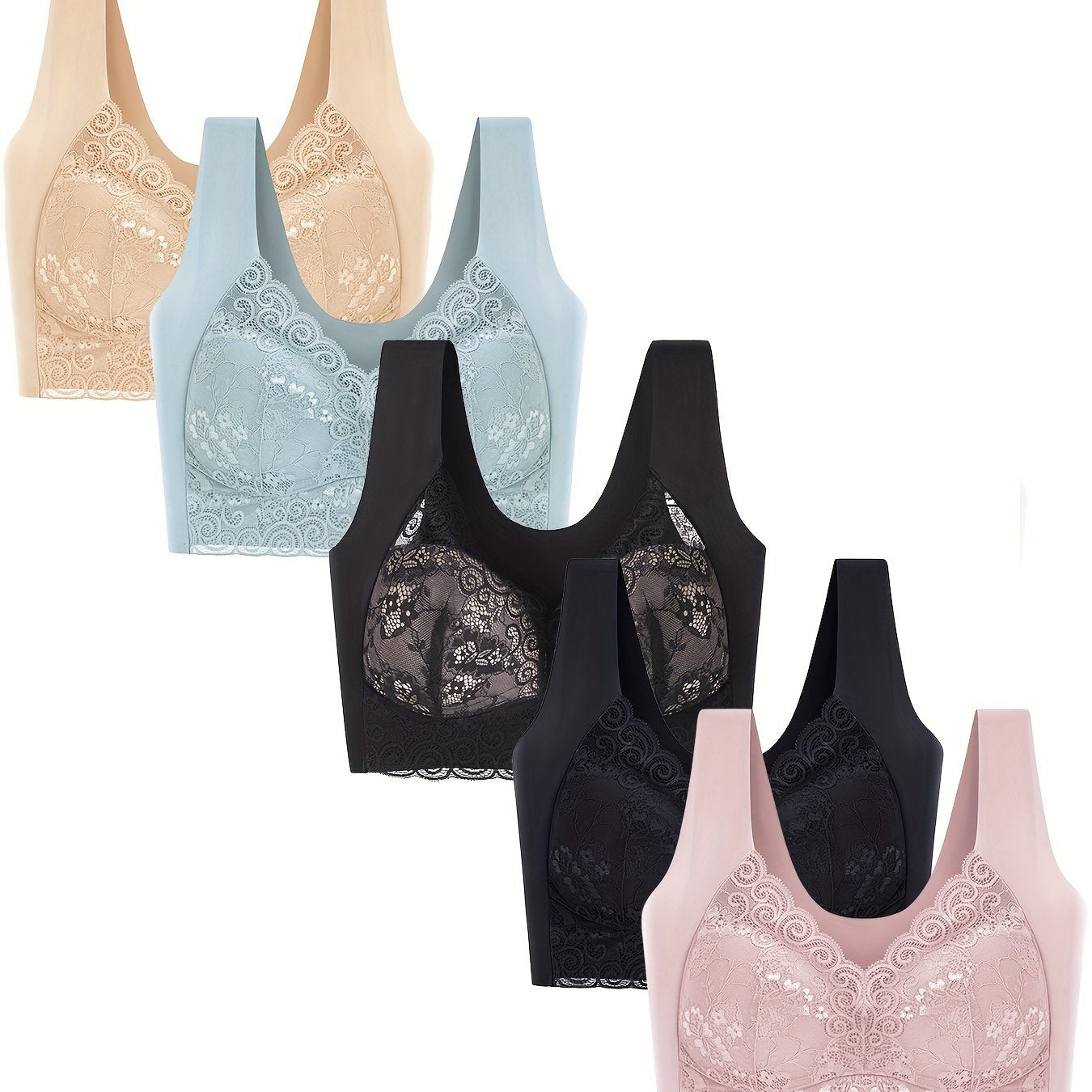 5pcs Lace Decor Wirefree Sports Bra for Women