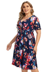 Floral Print V Neck Dress with Drawstring
