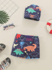 Boys Dinosaur Print Swim Trunks & Cap Set for Beach Vacation
