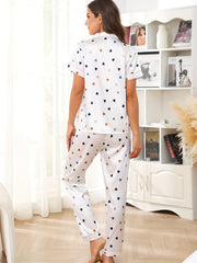 Heart Print Pajama Set Short Sleeve Buttons Top & Elastic Waistband Pants