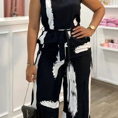 Brush Print Notched Neck Tank Jumpsuit With Belt
