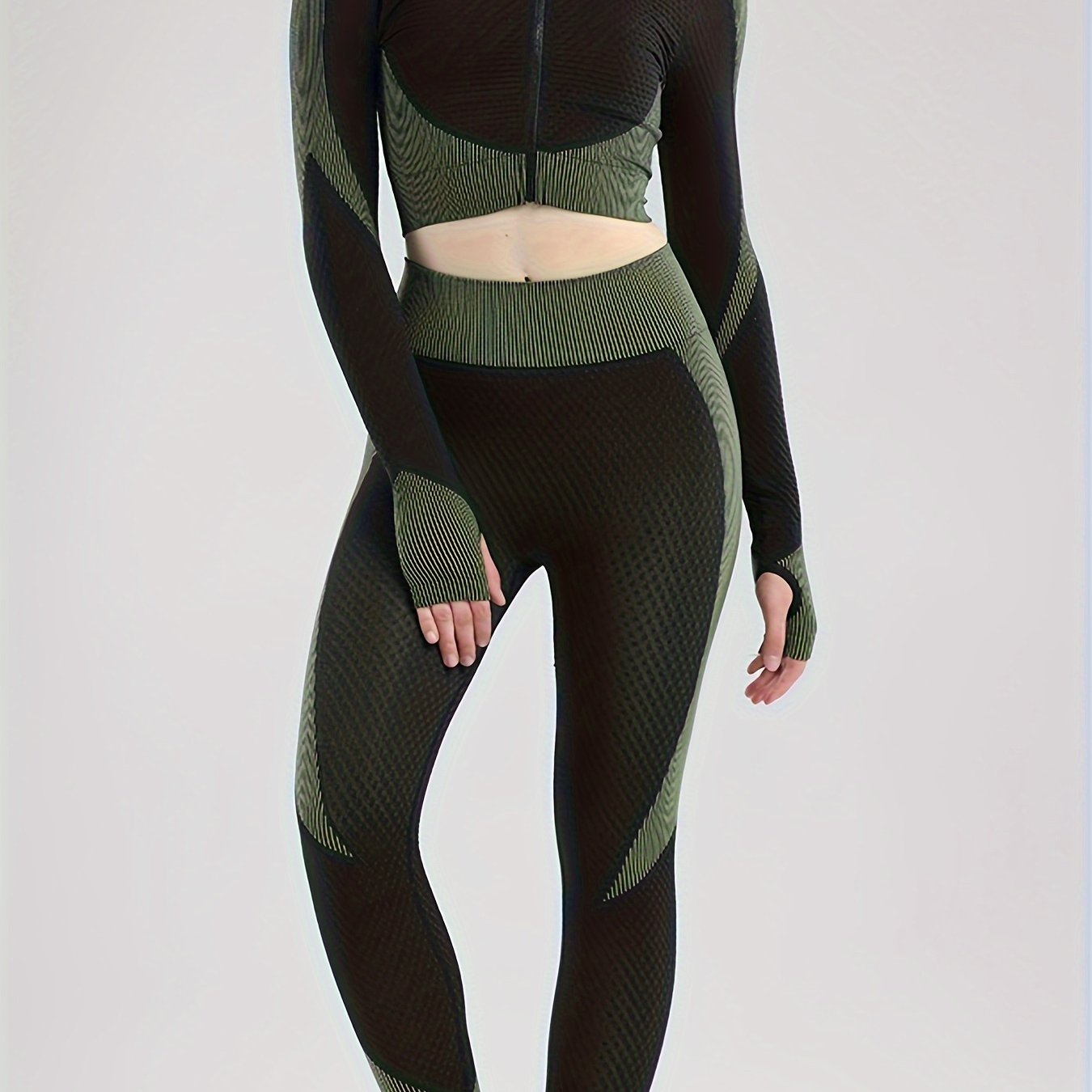 2pcs Yoga Workout Set Long Sleeve Zip Up Sports Tops & Leggings Suit