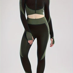 2pcs Yoga Workout Set Long Sleeve Zip Up Sports Tops & Leggings Suit