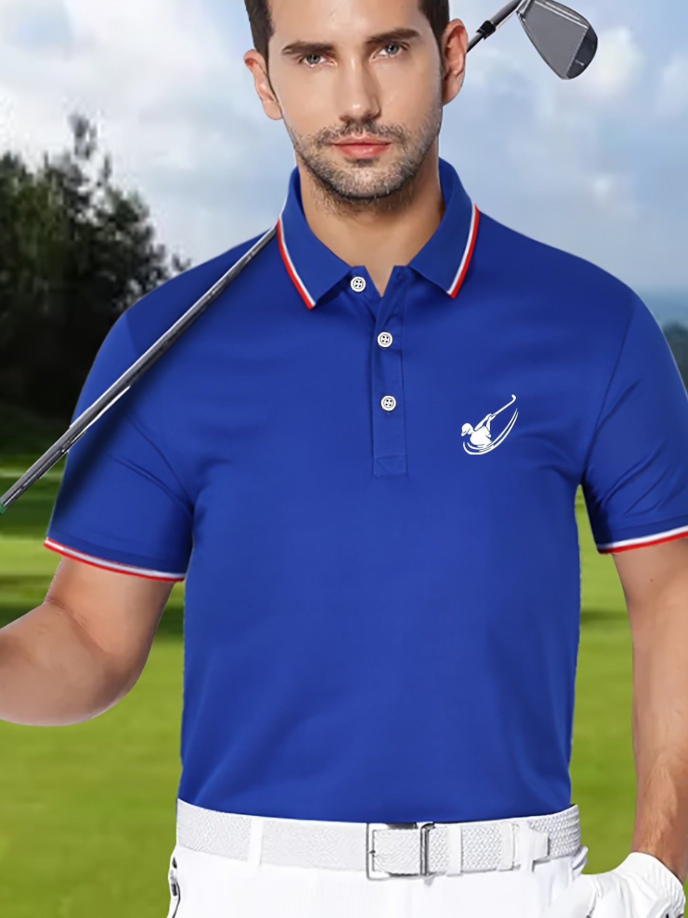 Men's Golf Print Polo Shirt Casual Stretch Lapel Button Short Sleeve