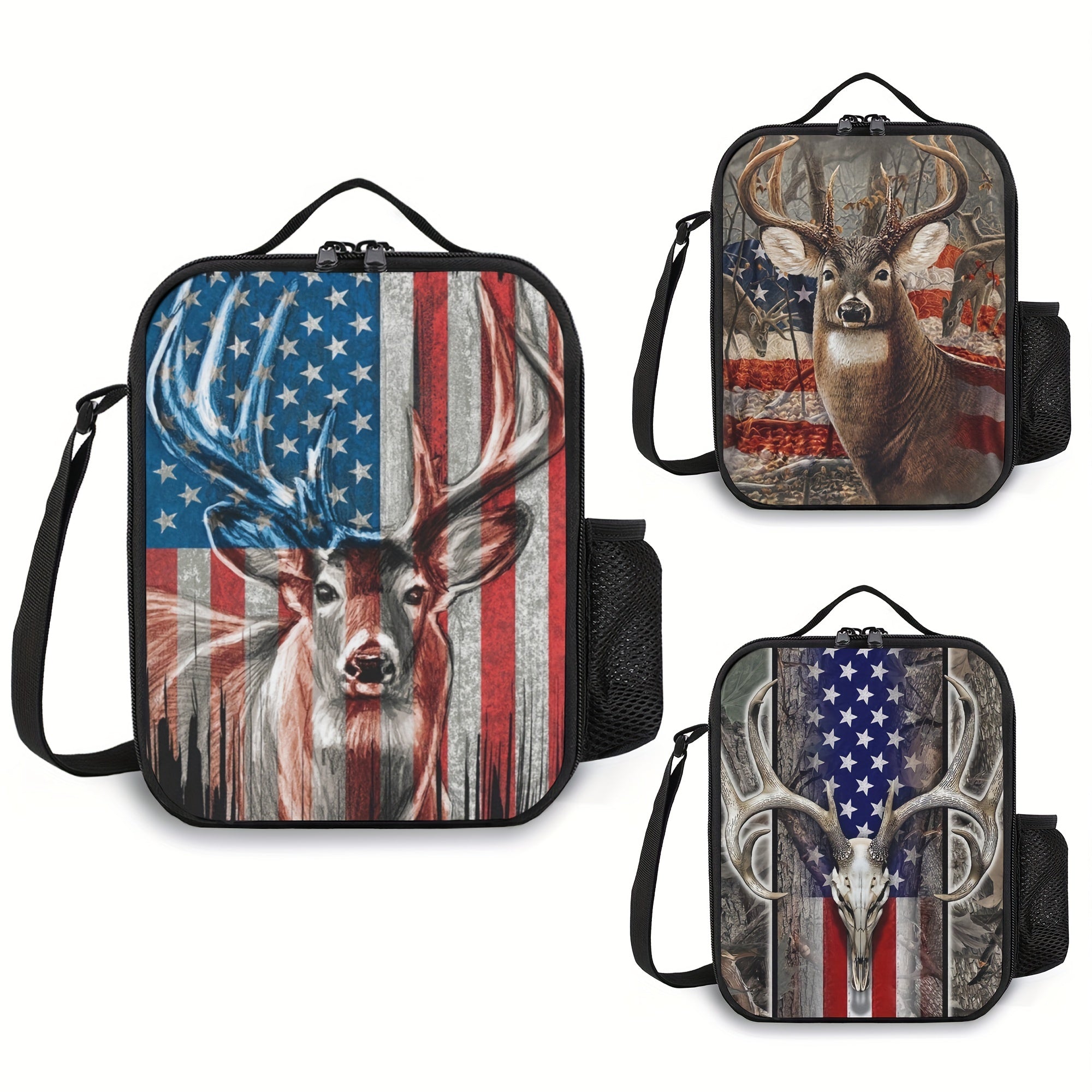 American Flag Deer Lunch Box with Water Bottle Holder
