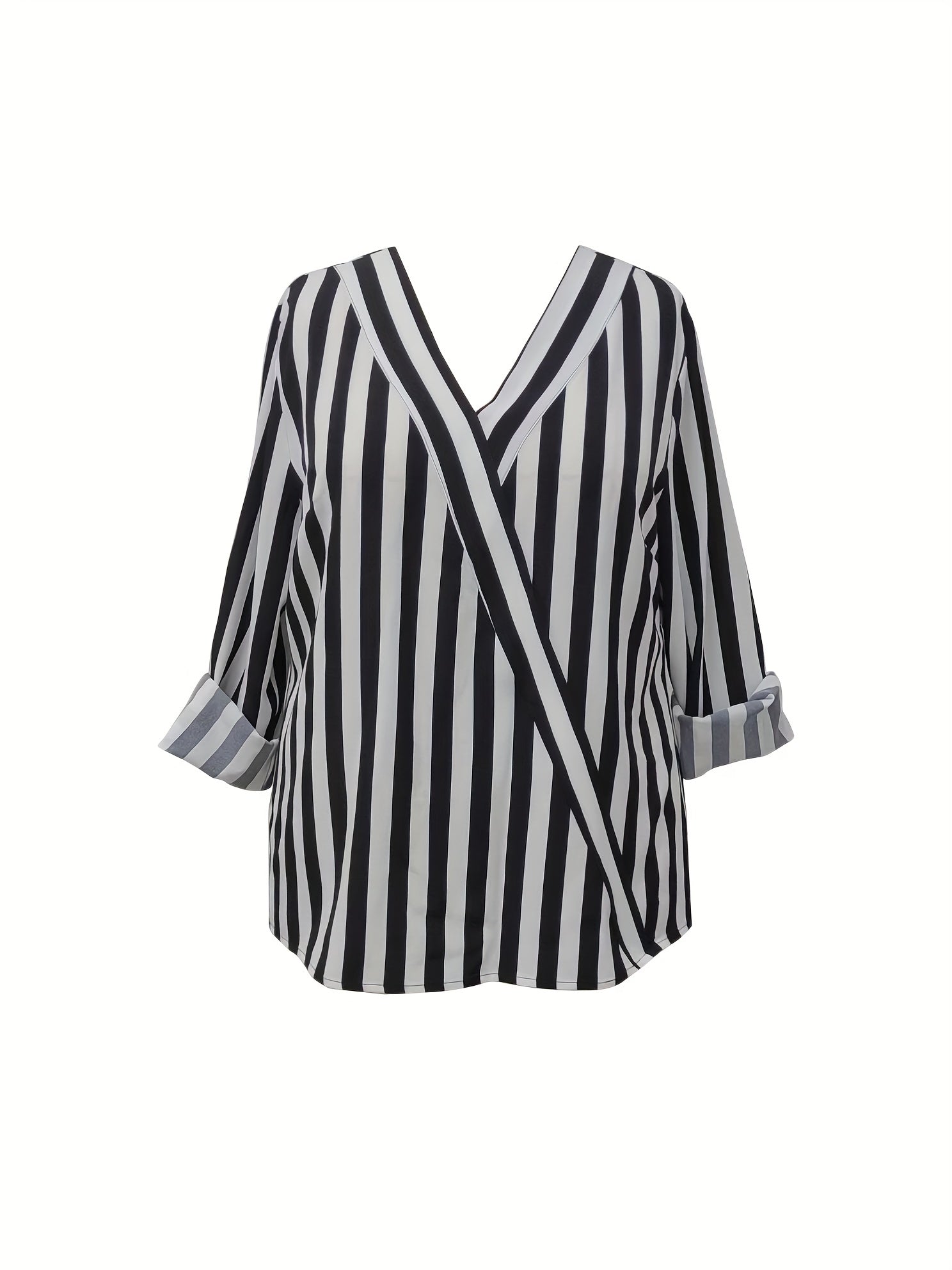 Striped Long Sleeve Surplice Neck Blouse