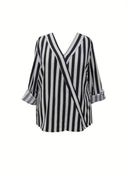 Striped Long Sleeve Surplice Neck Blouse