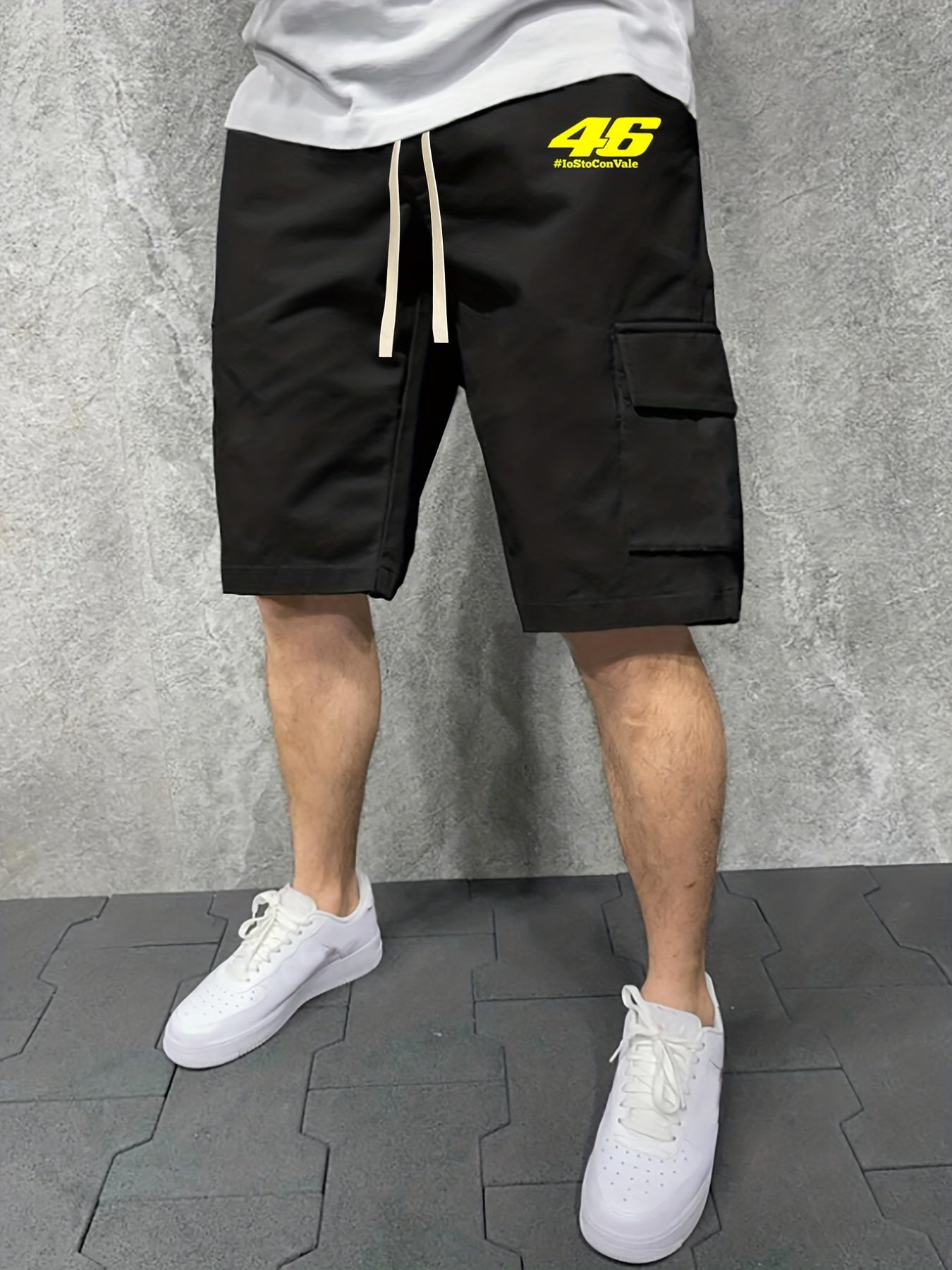 Men's Casual Solid Stretch Knee Long Elastic Waist Drawstring Shorts