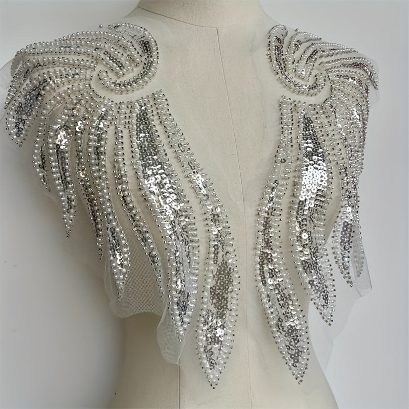 2pcs Golden Wings Sequin Beading Lace Applique for Wedding Dress