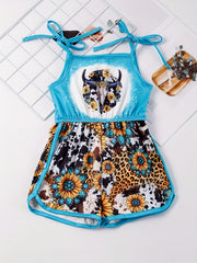 Toddler Girls Sunflower Leopard & Bull Head Cami Romper Jumpsuit