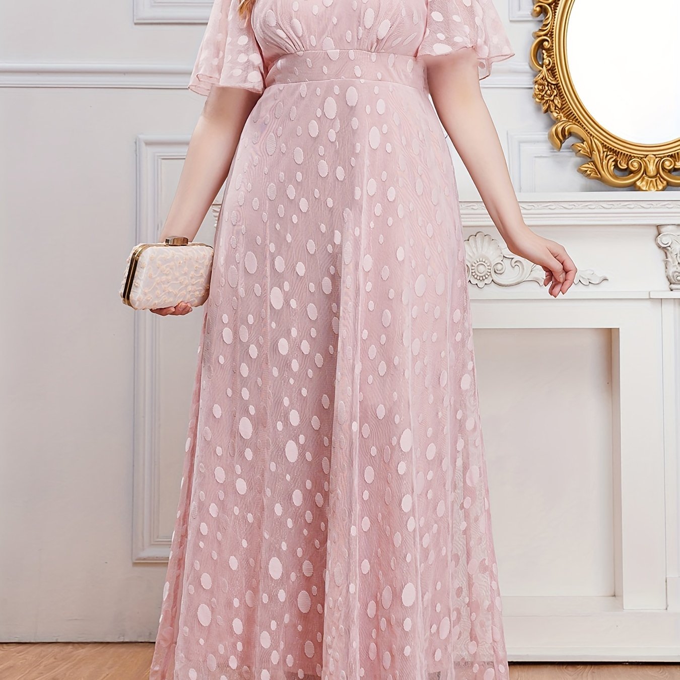 Polka Dot Mesh V Neck Maxi Evening Dress