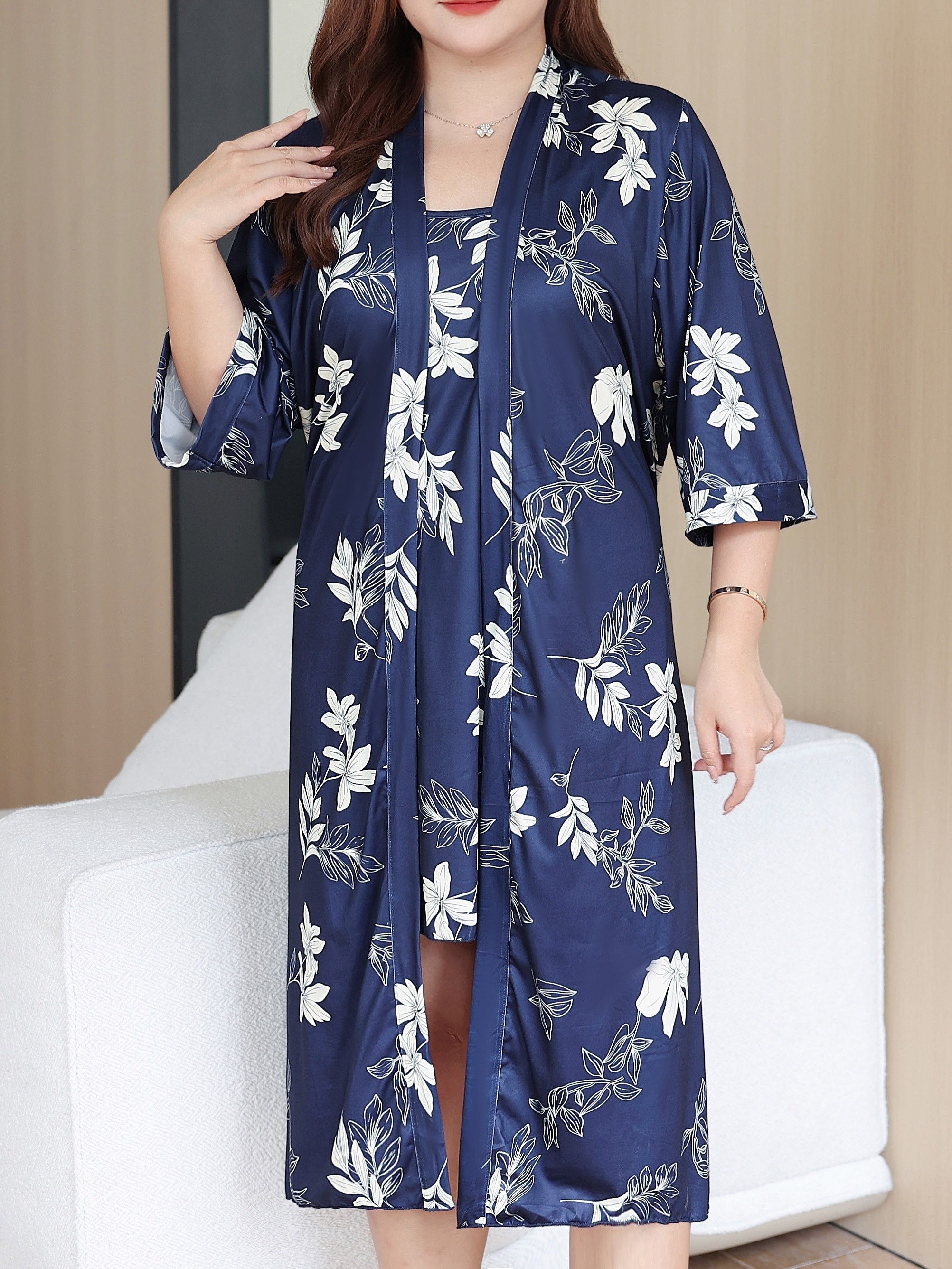 Women's Plus Size Floral Print Bathrobe Set