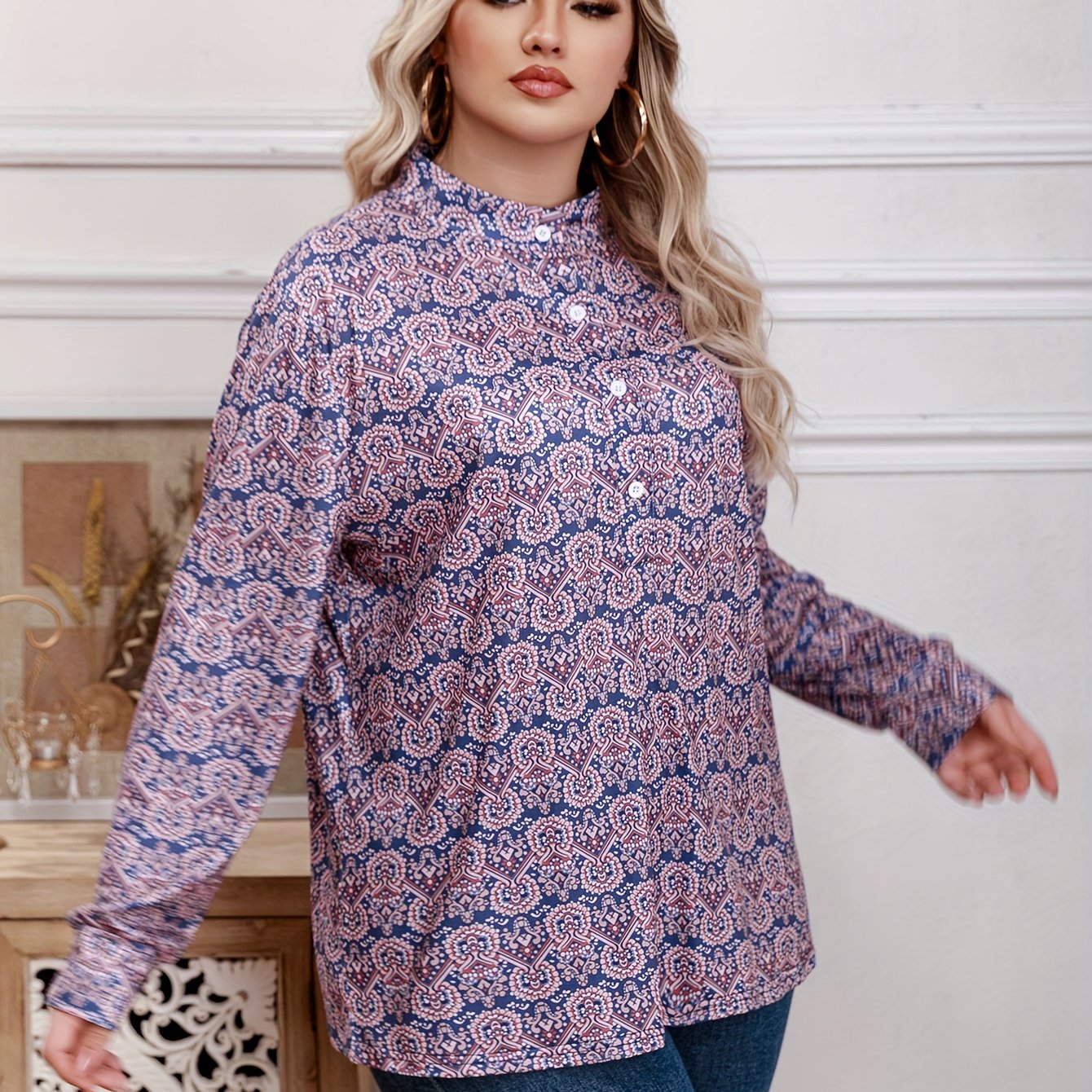 Boho Blouse Women's Plus Allover Print Mock Neck Pullover Shirt Top