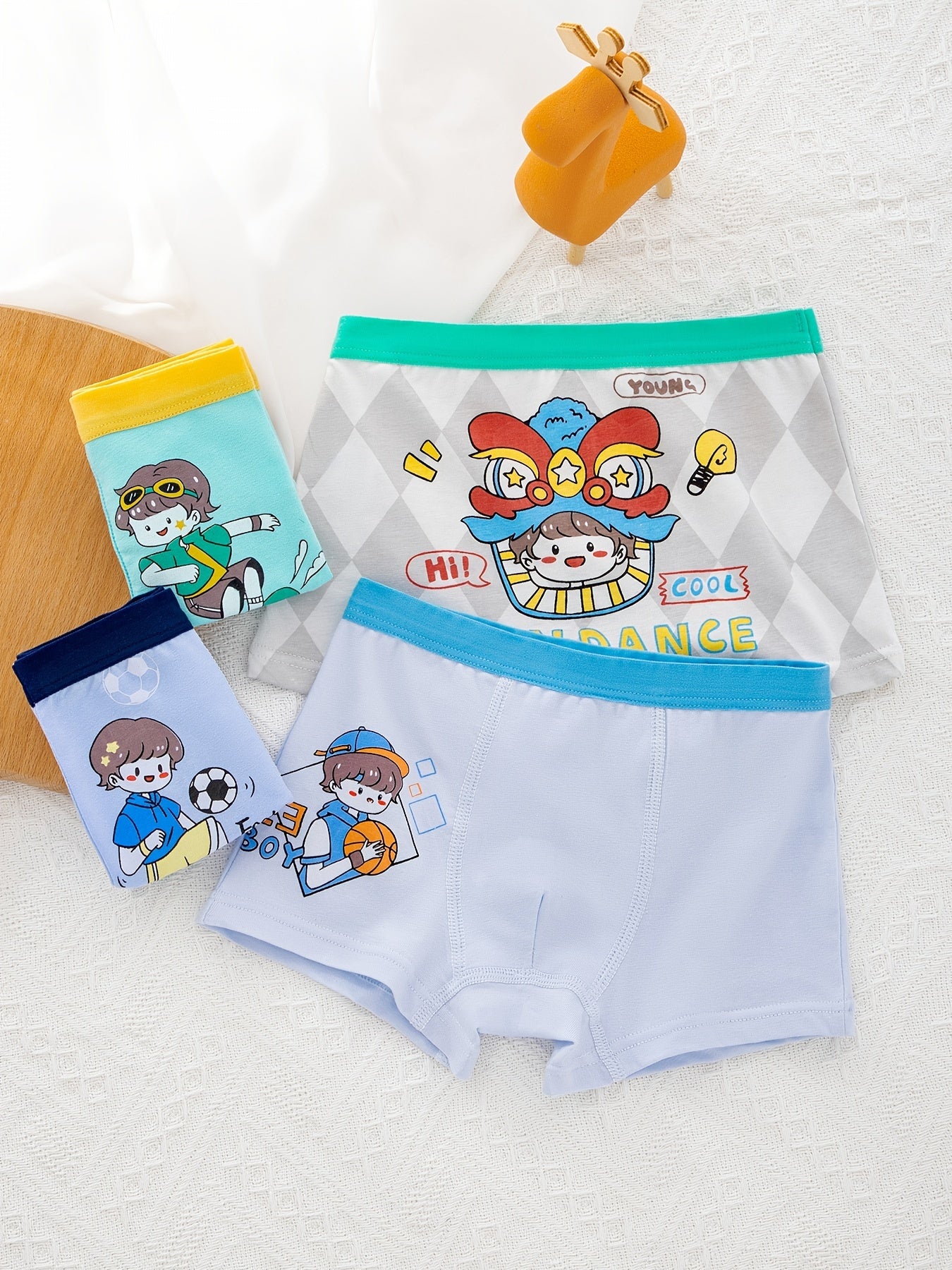 4pcs Boy's Cotton Boxer Briefs Cartoon Sports Boy Print Elastic Waist Shorts