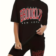 Women's Plus Size Letter Print Tee & Biker Shorts Set