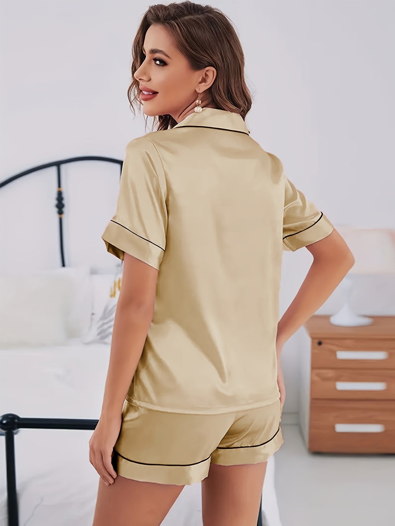 Satin Pajamas Set Button Up Top & Shorts Women's Loungewear