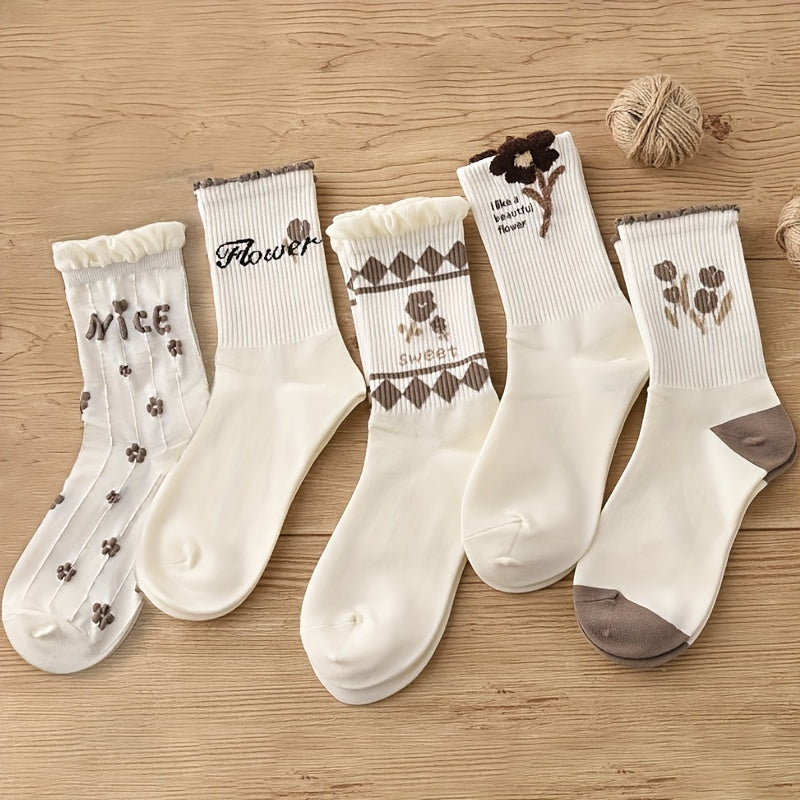 5 Pairs Floral Print Ruffle Socks Breathable Women's Stockings