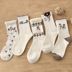 5 Pairs Floral Print Ruffle Socks Breathable Women's Stockings