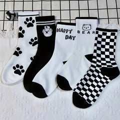 Bear Print Socks Striped Mid Tube Stockings