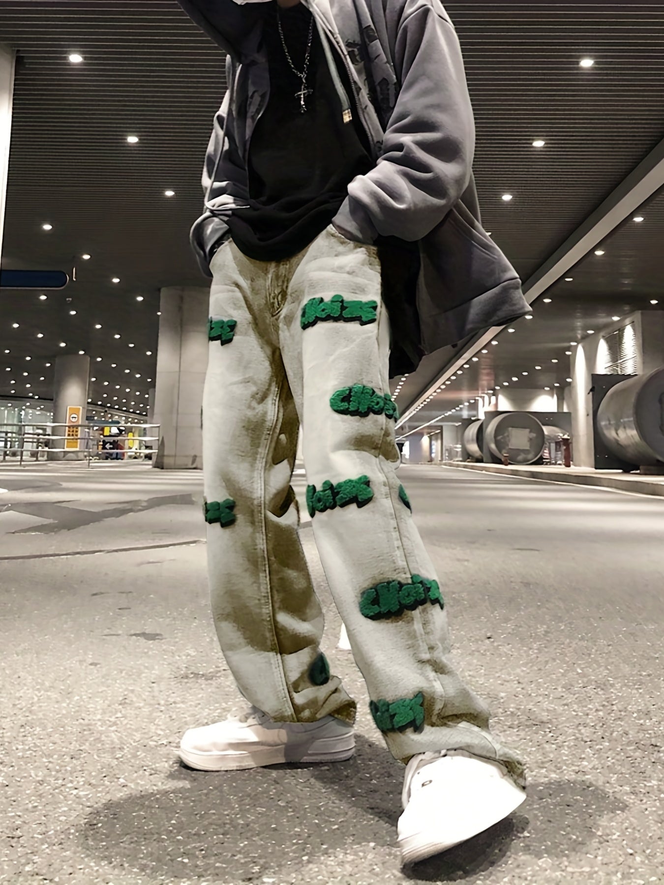 Embroidered Jeans Loose Fit Towel Embroidery Men's Denim Pants