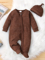 2pcs Baby Unisex Zipper Romper & Hat Set