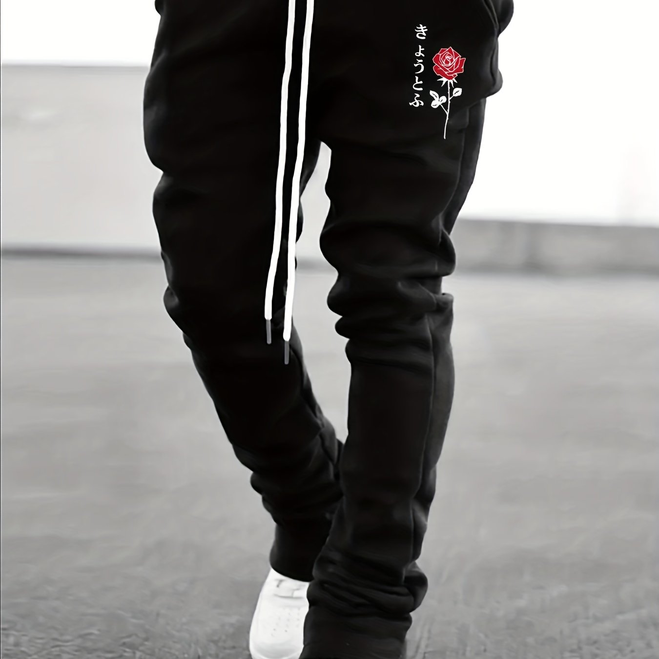 Flower & Japanese Letter Print Men's Drawstring Jogger Pants