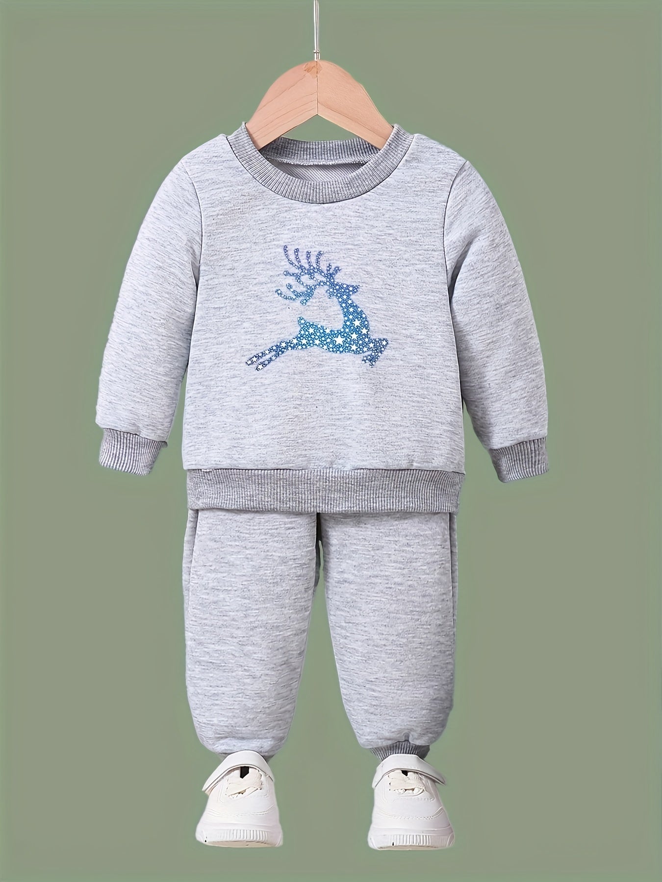 Girls 2pc Deer Pattern Crew Neck Sweatshirt Set